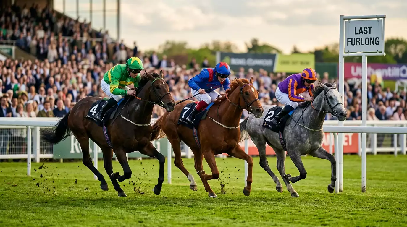 British turf racing — horses approaching the final furlong at a UK racecourse on a clear afternoon