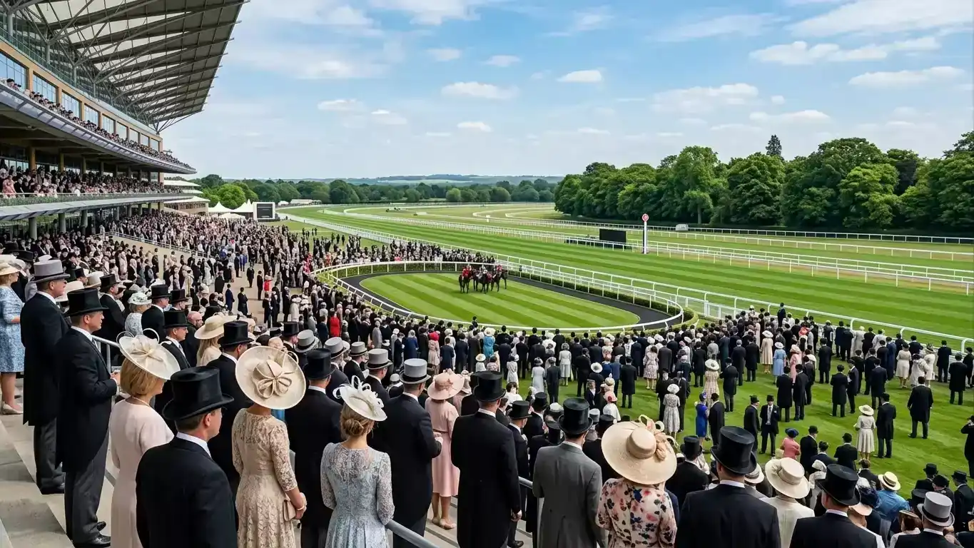 Royal Ascot grandstand crowd watching a flat race on a summer afternoon — UK racing festival audience